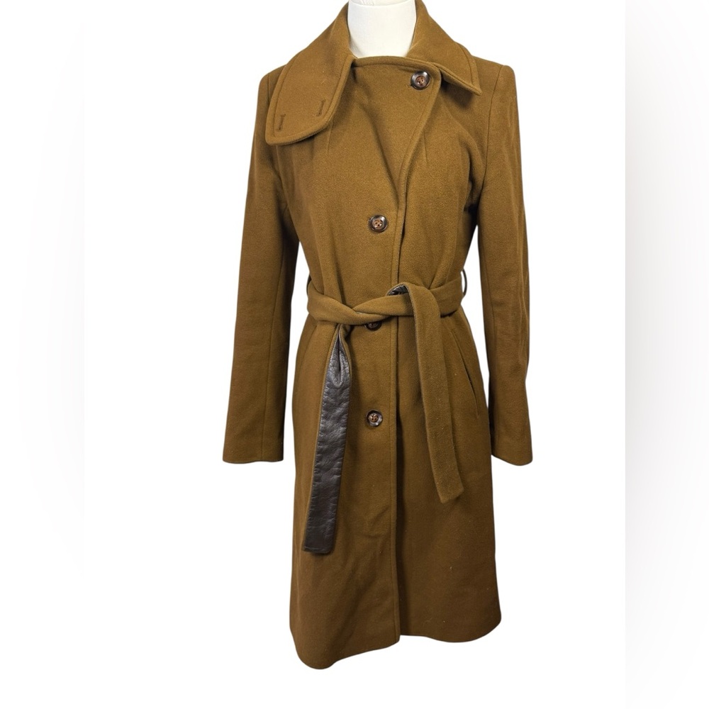 DKNY Wool Cashmere Brown Collared Trench Coat with Leather Belt Size 4